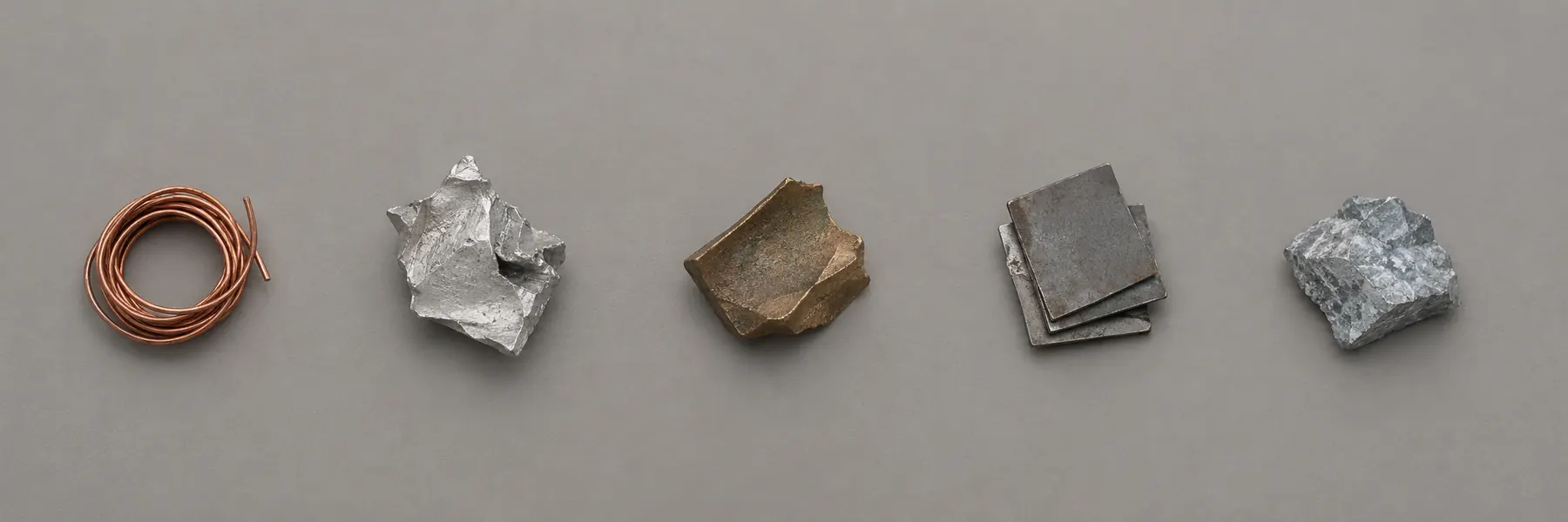 Muestras conceptuales de materiales metálicos clasificados: cobre, aluminio, bronce, acero y zinc